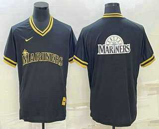 Mens Seattle Mariners Big Logo Black Gold Nike Cooperstown Legend V Neck Jersey